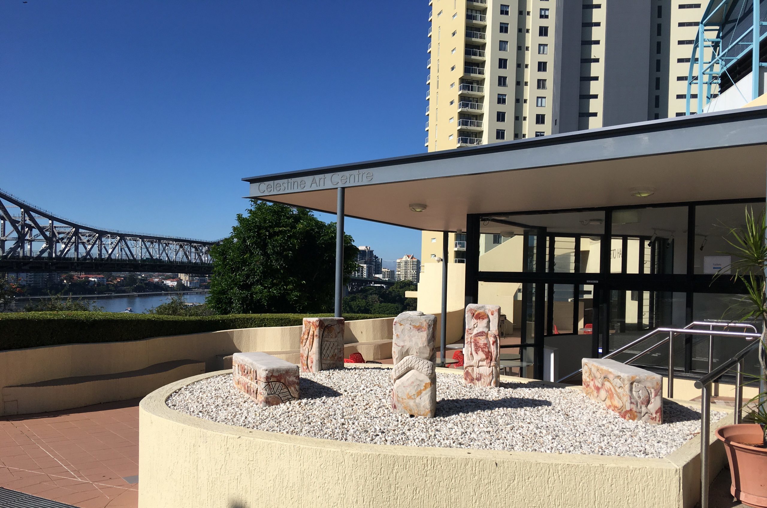 A photo of a garden at All Hallows' School that overlooks Brisbane's Story Bridge.