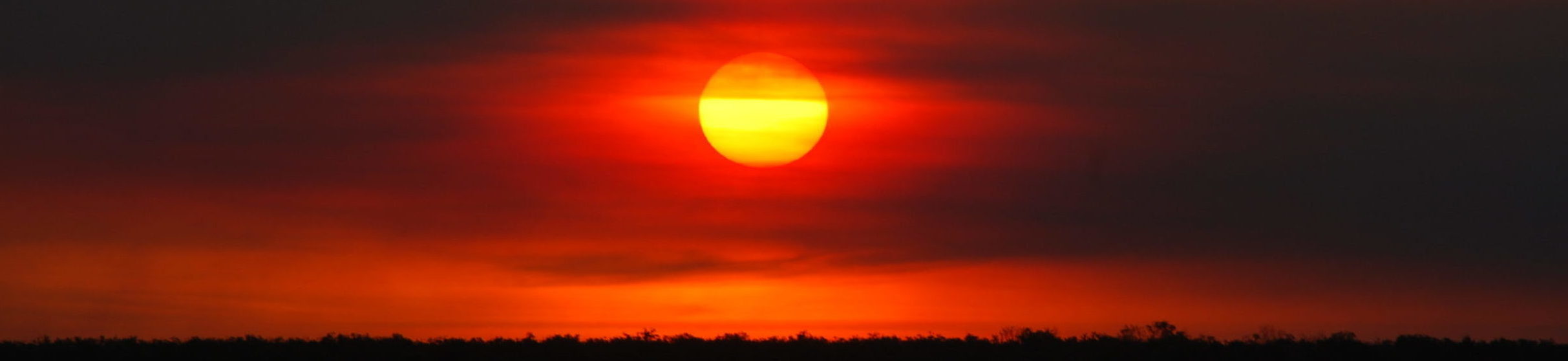 A photograph of a striking sunset where the sky is yellow and red and the ground is black. It is reminiscent of the Aboriginal flag.