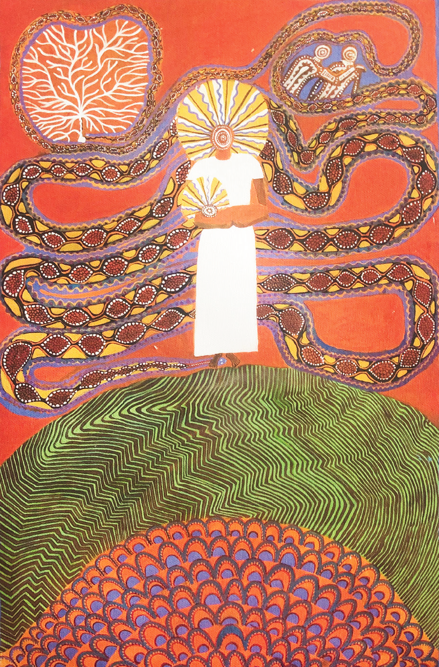 Painting of Mary and Jesus standing on the earth as she crushes the large serpent’s head. The body of the serpent is like a winding road in the background and at the end its tail transforms into a tree. The colours used are bright earthy tones of yellow, orange, brown and green.