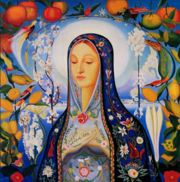 A colourful drawing of Hildegard of Bingen surrounded by a border of fruit and flowers. She is wearing a bright blue veil and pale blue dress both embroidered with vines and flowers.