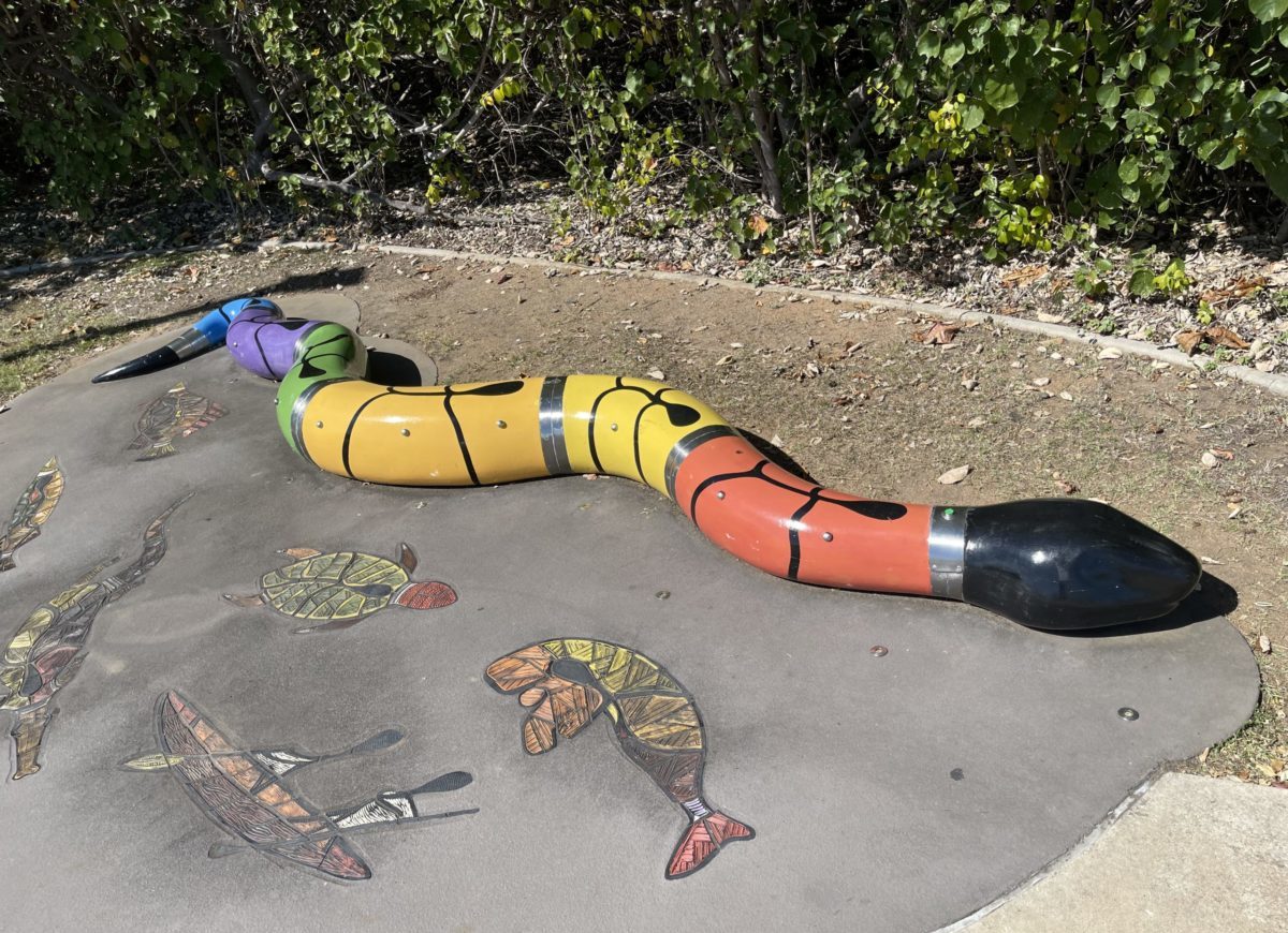 Photo of a sculpture of the rainbow serpent in a park. It is about 5m long with a black head and rainbow coloured sections on its body.