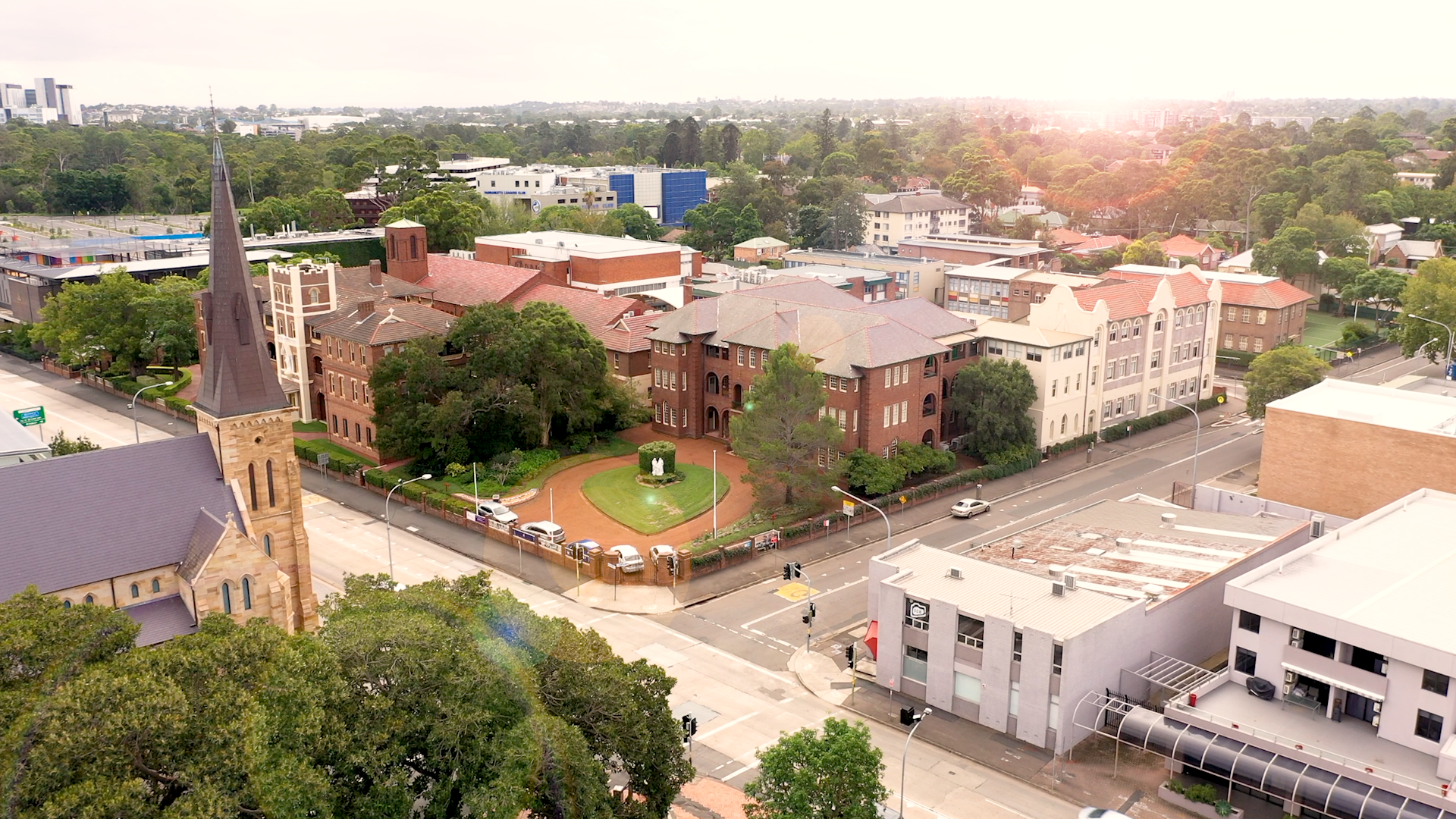 An aerial photo of Our Lady of Mercy College Parramatta's campus.
