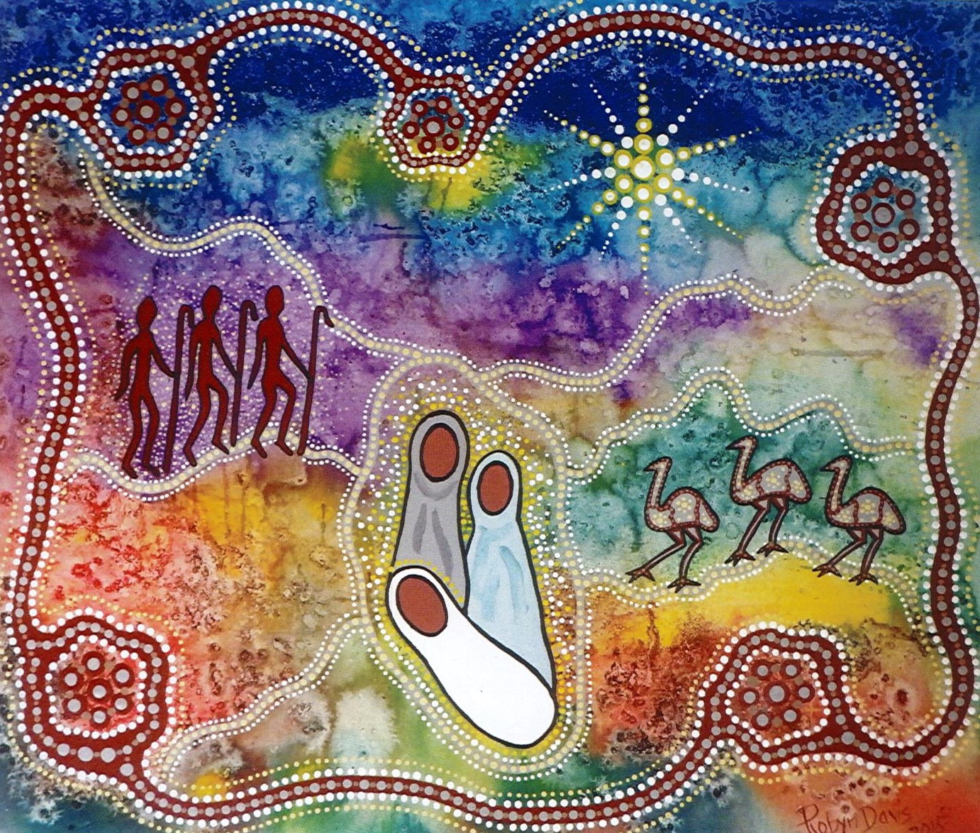 A painting by indigenous artist Robyn Davis titled “The Gift”. Robyn has combined rich colours, simple figures and elaborate dot work to create this striking nativity scene in which the wise men are depicted as emus. The track surrounding the scene develops branches leading to Christ, symbolic of the journey we can all take towards God.