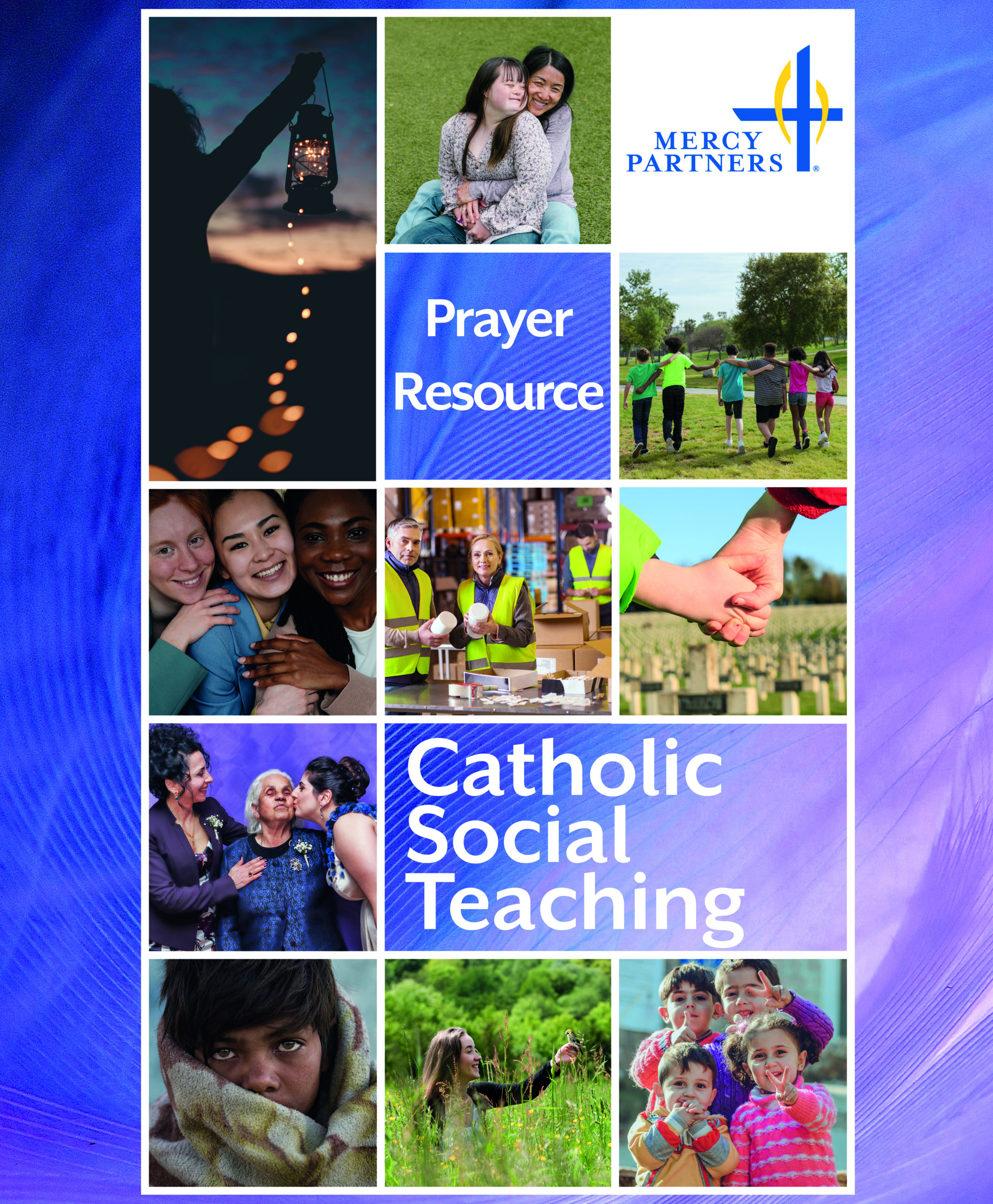 Catholic Social Teaching Prayer Resource: Purple background with images from the Prayer Cards