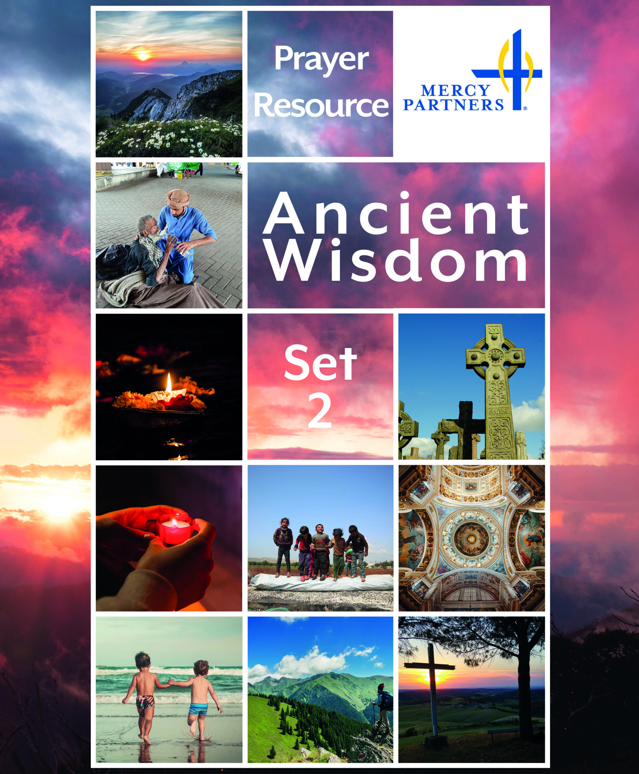 Cover of Ancient Wisdom (Set 2) Prayer Resource: Red sunset background with images from the Prayer Cards