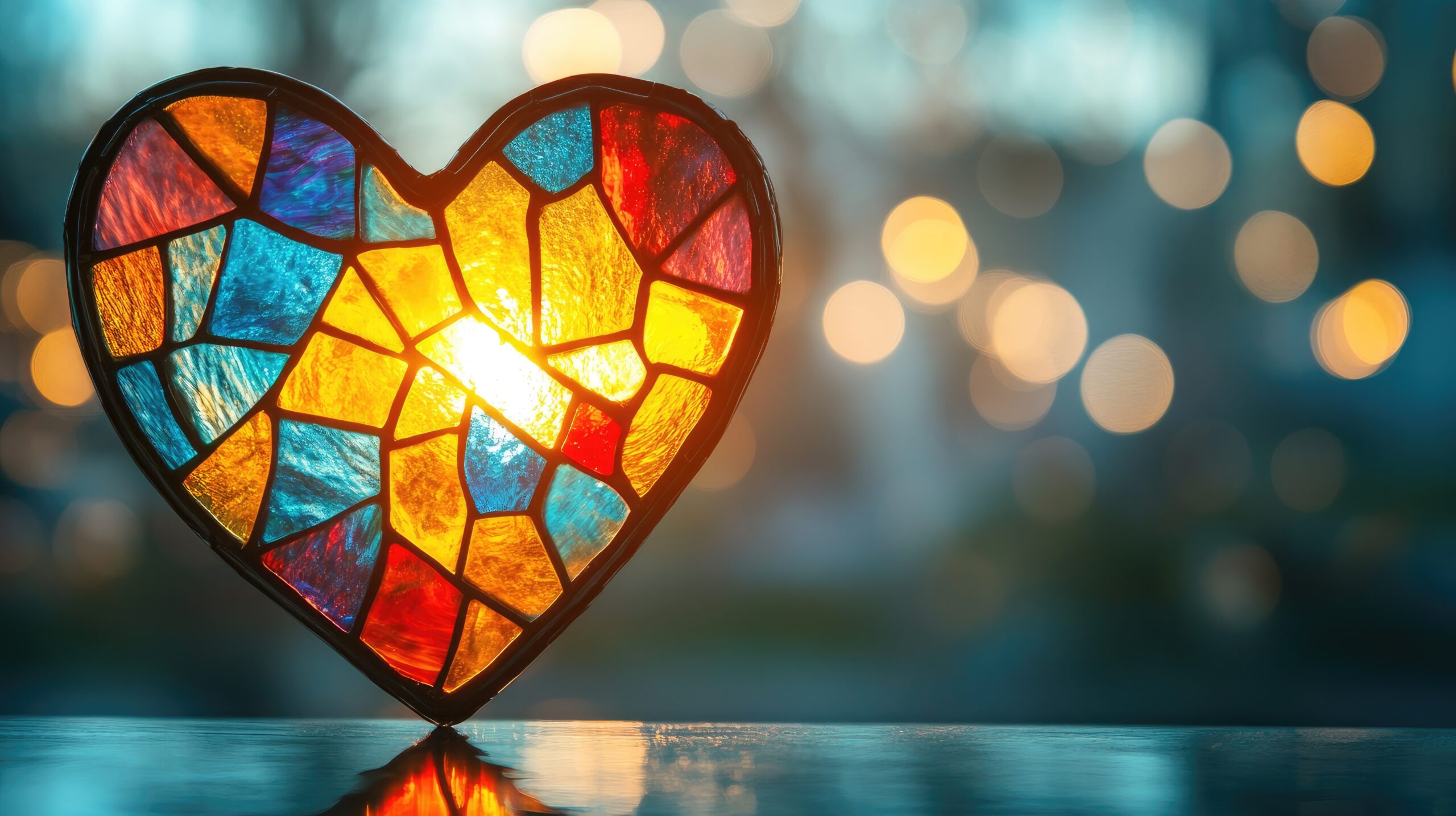 A colorful stained glass heart with radiant hues, glowing gently against a dreamy bokeh background, creating a romantic and artistic visual effect