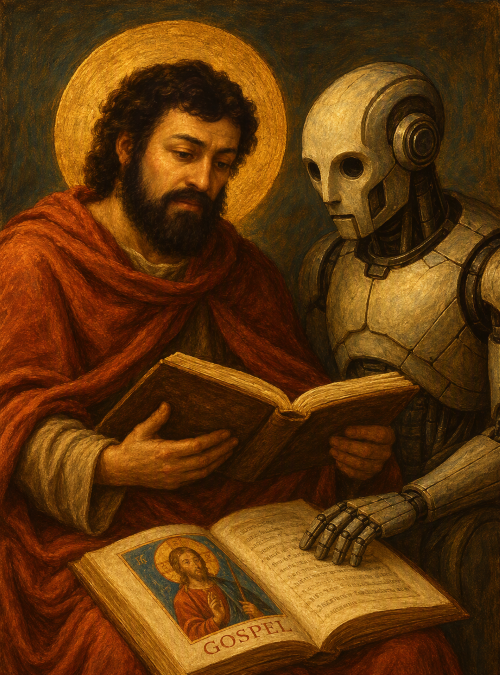 Jesus reading the Gospel to Robot